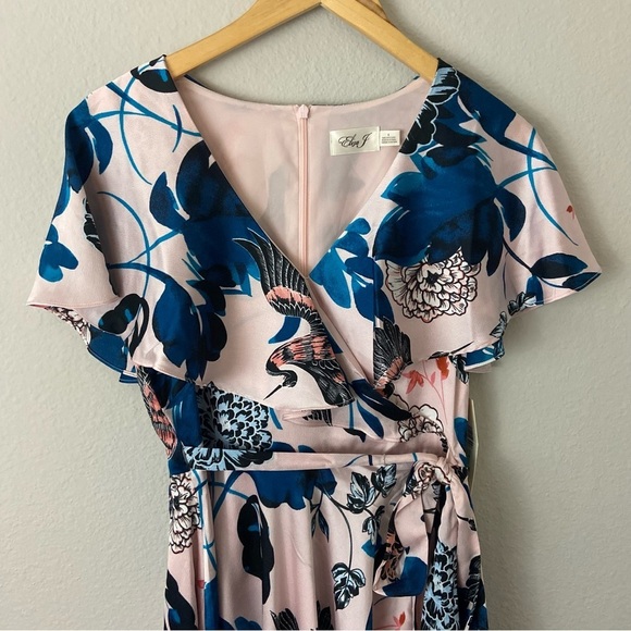 Eliza J Floral Flutter High Low Faux Wrap Dress Floral Exotic Birds Feminine 8 - Picture 3 of 15